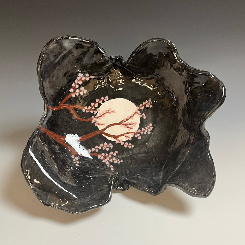 Black Cherry Blossom Ruffle Ceramic Bowl